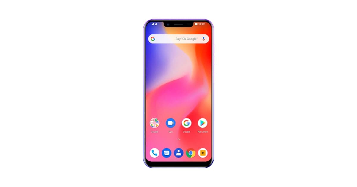 Front of the Xone Phone showing a notched 5.7-inch screen with a pink and purple wallpaper and Google apps