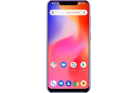 Xone Phone front view with a notch at the top of the screen, a Google search bar and app icons including Play Store and Chrome