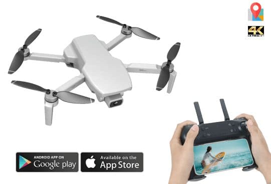 Grey XPro Drone unfolded with black propellers, a controller with a phone showing a surfer, and app store badges