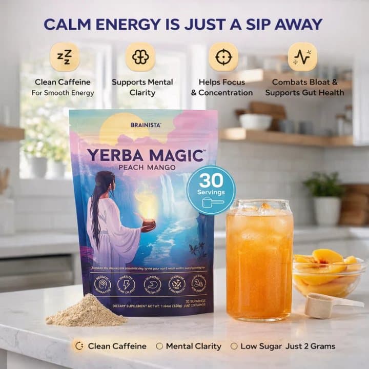 Yerba Magic bag on a kitchen counter next to an iced orange drink and a scoop of powder