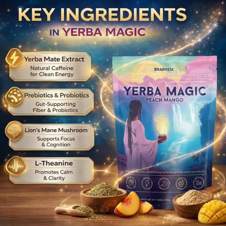 Graphic listing Yerba Magic's key ingredients: yerba mate extract, prebiotics and probiotics, lion's mane and L-theanine