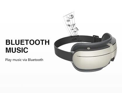 ZenMind XP eye massager with musical notes floating above it beside the words Bluetooth Music, play music via Bluetooth