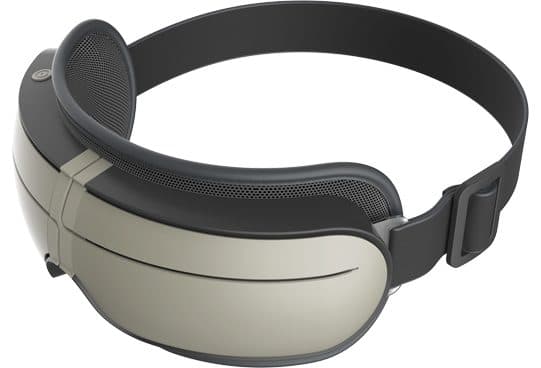 ZenMind XP eye massaging mask from the side, with a curved champagne-grey front, black mesh padding and a black elastic strap