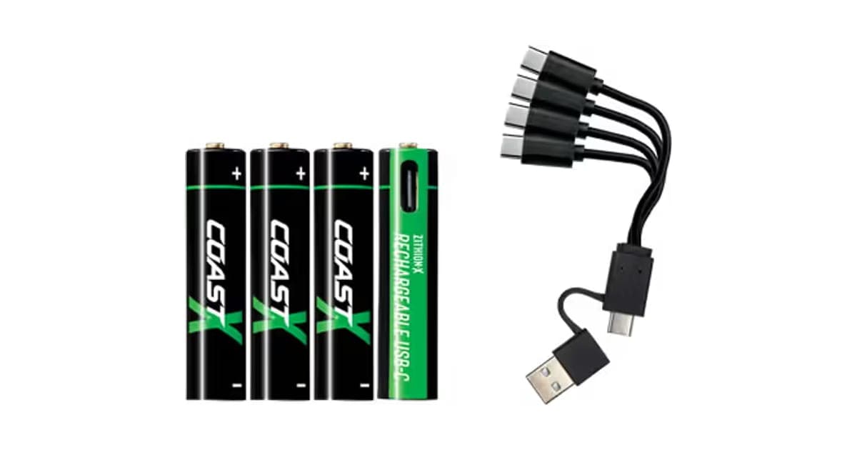 Four COAST ZITHION-X rechargeable AA batteries with a four-way USB-C charging cable